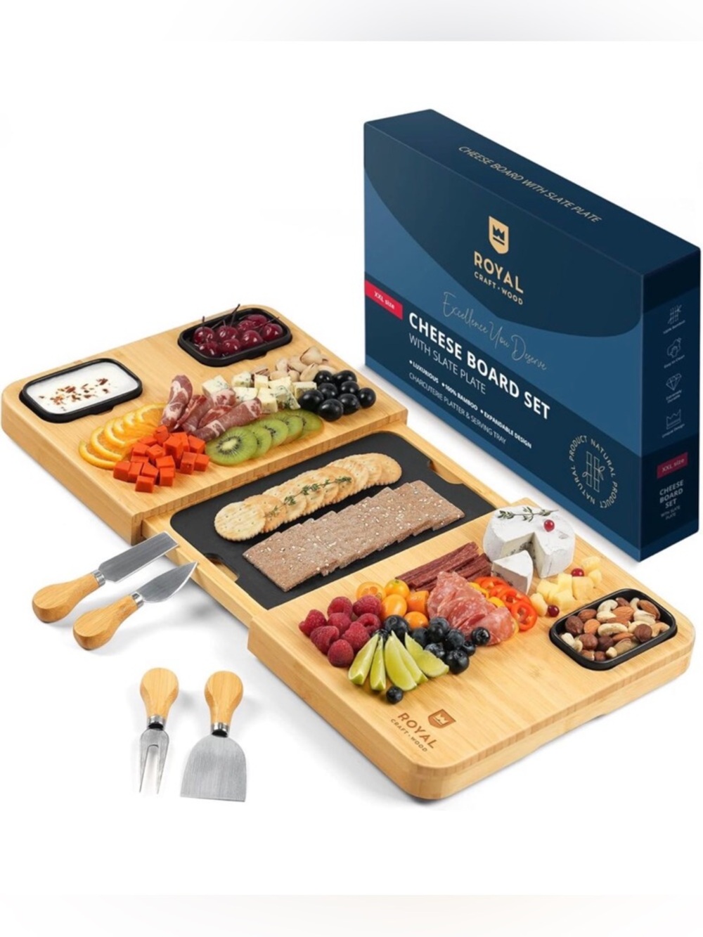Royal Craft Wood Bamboo Cheese Board Set with Slate Plate - Natural Wood